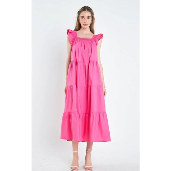 English Factory Square Neck Ruffle Pullover Tiered Midi Dress‎ Women Large Pink - Picture 1 of 11
